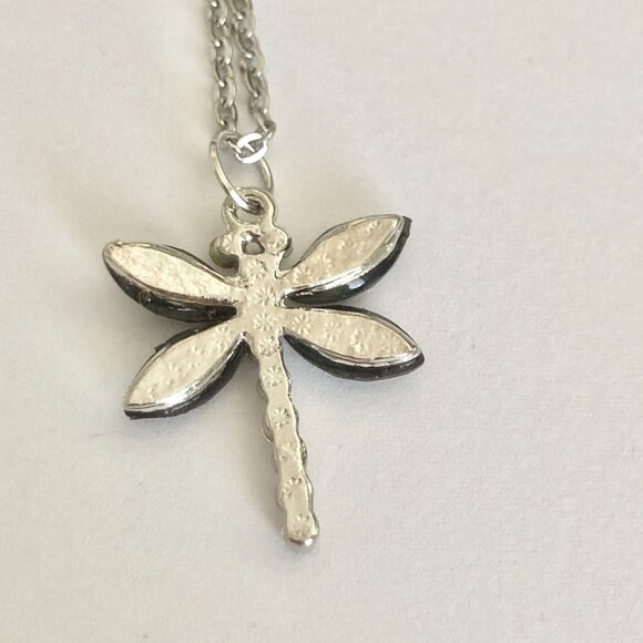 Vintage Dragonfly Necklace Insect Crystal Silver Plated Black Cord Stainless 18" - Picture 6 of 10